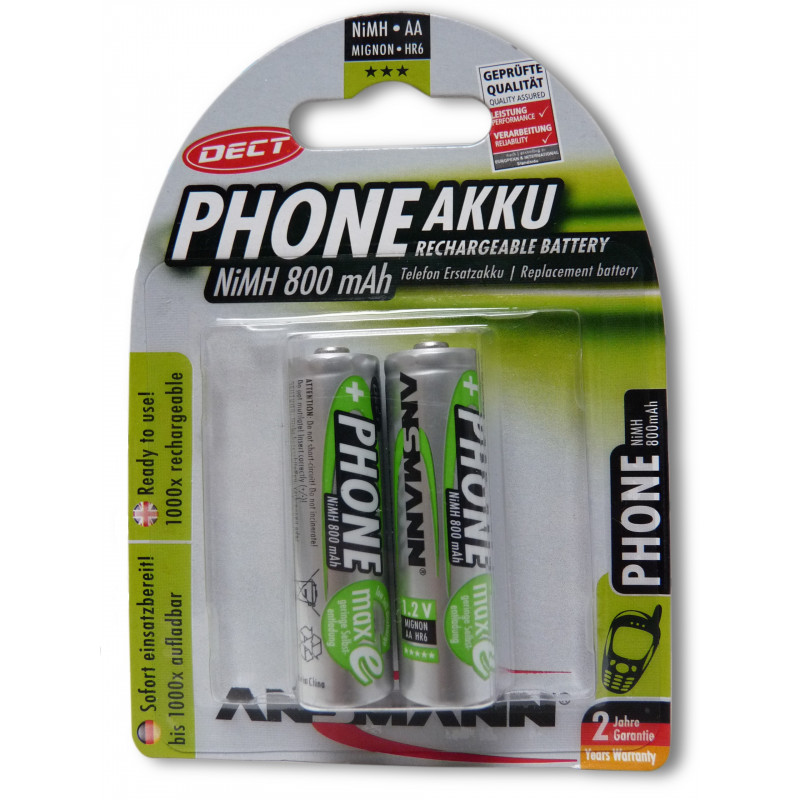Piles HR6 Ansmann Phone Dect - 1.2V - 800mAh - AA - Blister x2 Piles HR6 Ansmann Phone Dect - 1.2V - 800mAh - AA - Blister x2