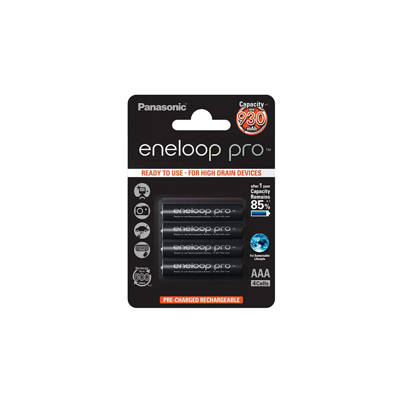 Piles LR03 AAA - Eneloop Pro BK-4HCDE PANASONIC - Blister x 4 rechargeables - NiMh - 1.2V - 930mAh Piles LR03 AAA - Eneloop Pro BK-4HCDE PANASONIC - Blister x 4 rechargeables - NiMh - 1.2V - 930mAh