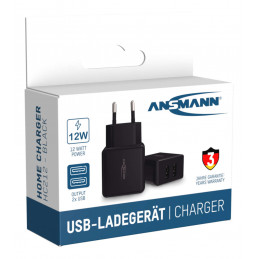 Chargeur de batterie noir - 2 ports USB - EU - 240V - pour smartphne, tablettes etc..